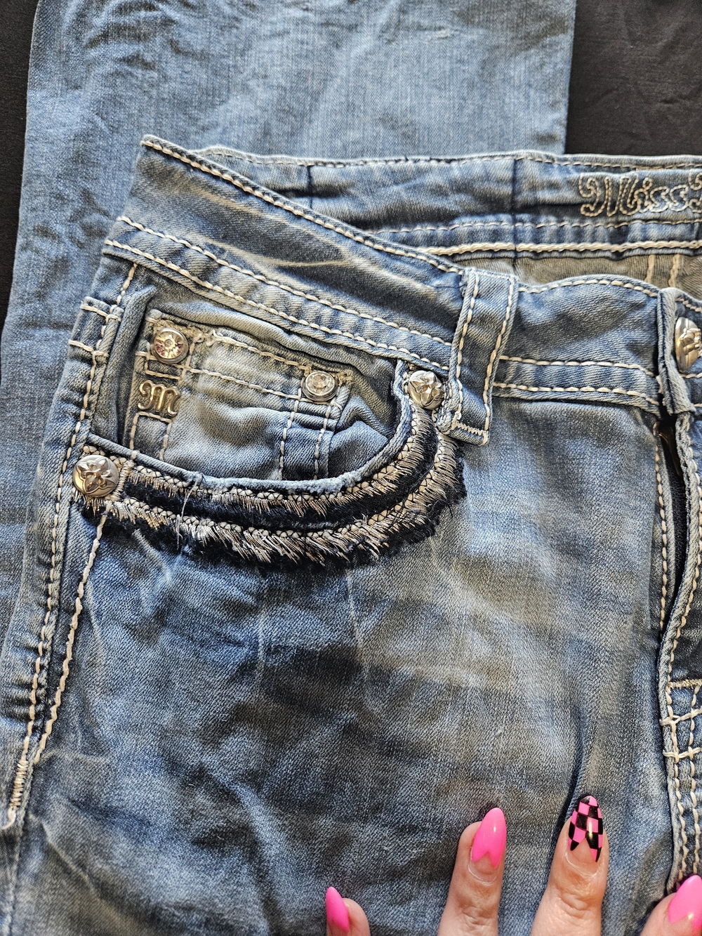 Miss Me Light Blue Boot Cut Jeans with Fringe Pocket Detail - Picture 3 of 7